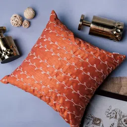 ALCOVE Rust & White Floral Embroidered Silk Square Cushion Cover-28