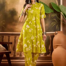 Vastramyaa Floral Printed Mandarin Collar A-Line Pure Cotton Kurta With Trousers-picture-19