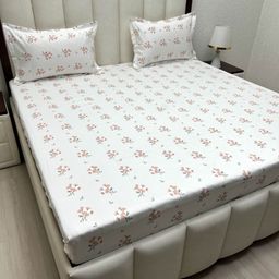 Pure Decor White & Peach-Coloured Floral 250 TC Queen Bedsheet with 2 Pillow Covers-image-7