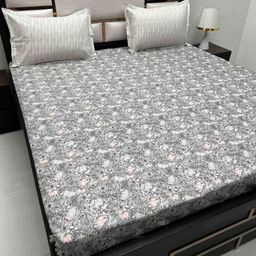 Pure Decor Grey & Pink Floral Pure Cotton 330 TC King Bedsheet with 2 Pillow Covers-image-32