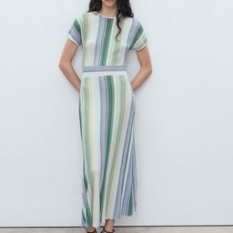 MANGO Vertically Striped Extended Sleeves Midi Sheath Dress with Shimmery Detail-picture-24