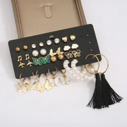 karishma kreations Set of 17 Bohemian Long Tassel Drop Statement Earrings and Studs Earring Set Beads, Pearl Stainless Steel, Brass Earring Set, Hoop Earring, Huggie Earring, Drops & Danglers, Stud Earring-picture-0