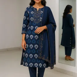 Silakaari Women Blue Ethnic Motifs Printed Cotton Gota Zari Unstitched Dress Material-picture-13