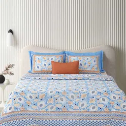 Urban Jaipur Blue & Peach-Coloured Floral 210 TC King Bedsheet with 2 Pillow Covers-image-3