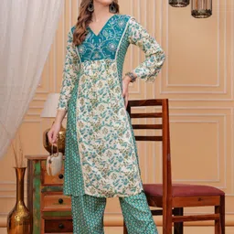 KALINI Women Floral Printed Pleated Thread Work Kurta with Trousers-11