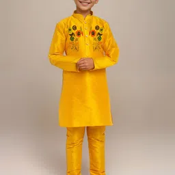 DEVOILER Boys Floral Printed Mandarin Collar Dupion Silk Straight Kurta-74