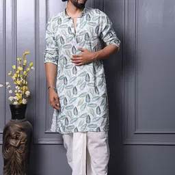 MIDAV Men Floral Printed Thread Work White Romance Pathani Kurta-image-27