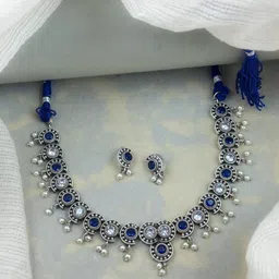 NAMAN ARTS Silver-Plated Stone Studded & Beaded Oxidised Jewellery Set-image-71