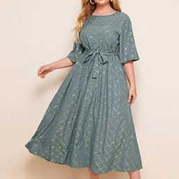 Sztori Women Geometric foil Print Plus Size Fit and Flare Midi occasion Dress-image-81
