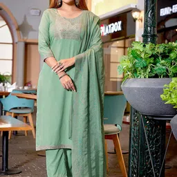 Royal Export Yoke Design Zari Straight Kurta with Trousers & Dupatta-image-16