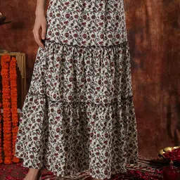 NEUDIS Floral Printed Pure Cotton Layered Flared Maxi Skirts-image-33