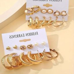 GOLDIWALA Set Of 12 Gold Plated Pearls Beaded Geometric Half Hoop Earrings-18