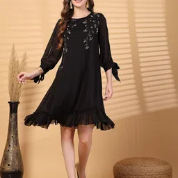 ARDITA Women Embroidered Puff Sleeve Chiffon A-Line Dress-image-52