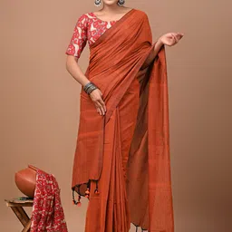 PALLO LATKE Women Pure Cotton Khadi Saree With HandBlock Printed Blouse-picture-20