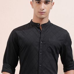 HIGHLANDER Men Band Collar Textured Cotton Casual Shirt-image-24