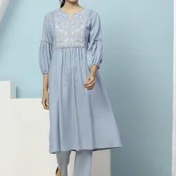 Nayam By Lakshita Floral Yoke Design Cotton Linen A-Line Kurta with Trousers-picture-48