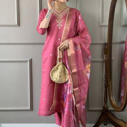 KALINI Ethnic Motifs Embroidered Chanderi Silk Straight Kurta with Trousers & Dupatta-image-91