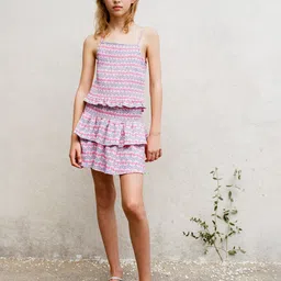 Mango Kids Girls Geometric Printed Smocked Layered Mini Skirt-image-6