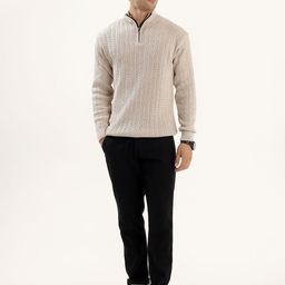 Kveto style redefined Self Design Mock Collar Ribbed Half Zipper Sweater-image-57