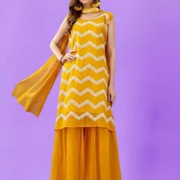 PARROT CREATION Embroidered Straight Sequinned Kurti With Sharara And Dupatta-image-43