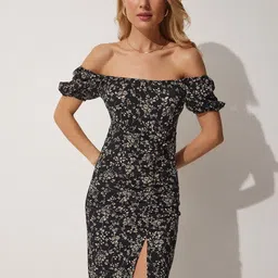 Happiness istanbul Floral Print Off-Shoulder Bodycon Midi Dress-picture-22