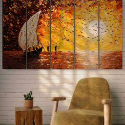 Myntra Elegant Homes Yellow & White 5 Pieces Sunset Boat MDF Wooden Wall Art-image-87