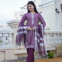 Anushansa Floral Printed Thread Work Straight Kurta With Trousers And Dupatta-image-23