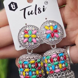 tulsi imitation Artificial Stones Studded & Beads Beaded Oxidised Dome Shaped Jhumkas-24