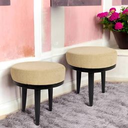 Ikiriya Set of 2 Brown Wooden Round Stools with Mossy Fabric Upholstery-17