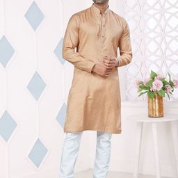 OUTLUK Woven Design Mandarin Collar Art Silk Jacquard Kurta With Pyjamas-image-7
