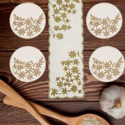 YWULY White & Green Floral 5 Pieces Embellished Table Linen Set-20