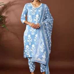 Jaipur Kurti Floral Printed V-Neck Mirror Work Kurta With Trousers & Dupatta-picture-57