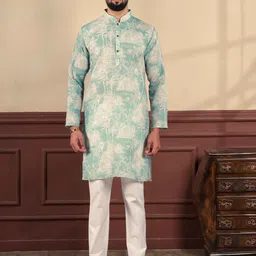 Koshin Floral Printed Mandarin Collar Linen Straight Kurta-picture-33
