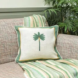 Crown of Poppies White & Green Palm Stories Printed Cotton Square Cushion Cover-image-54