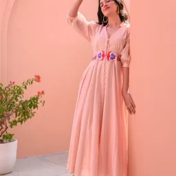 Bunaai Women Solid Embroidered Cotton Puff Sleeves Fit and Flare Ethnic Dresses-picture-17