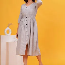 SARAI CREATIONS Women V-Neck Cotton Striped Fit and Flare Casual Midi Dress-image-84