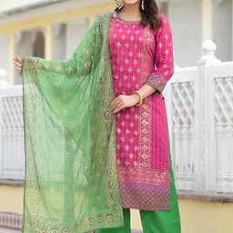 Juniper Floral Woven Design Regular Sequinned Straight Kurta with Trousers & Dupatta-picture-5