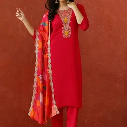 QSH Women Ethnic Motifs Embroidered Kurta with Trousers & Dupatta-picture-57
