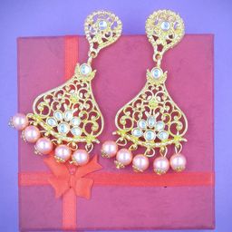 Saizen Gold-Plated Artificial Stones Studded & Beaded Contemporary Drop Earrings-image-4