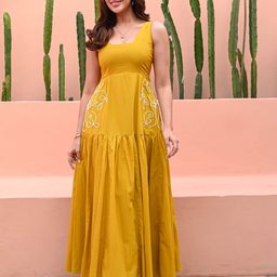 Bunaai Women Embroidered Square Neck Sleeveless Fit and Flare Maxi Ethnic Dresses-image-119