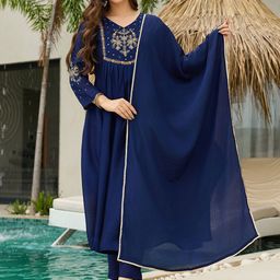 Navlik Women Ethnic Motifs Embroidered A-Line Kurta with Trousers & Dupatta-image-6