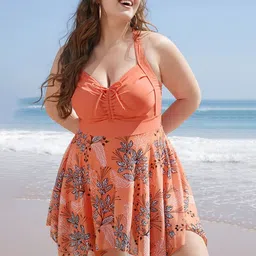 Plus Curvves Plus Size Women Tropical Printed Swimming Dress-71
