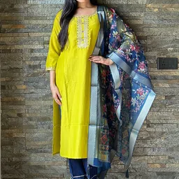 MOKOSH Floral Yoke Design Round Neck Thread Work Chinon Kurta With Trousers & Dupatta-11