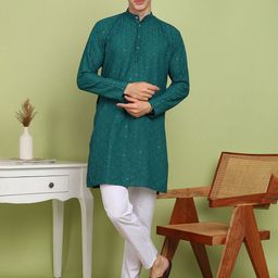 FUBAR Floral Embroidered Sequinned Band Collar Straight Kurta-49