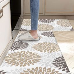 HomeCloud Beige & White Set Of 2 Printed Rectangular Anti-Skid Kitchen Mats-17