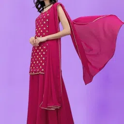 PARROT CREATION Geometric Embroidered Sequinned Georgette Kurti with Sharara And Dupatta-image-47