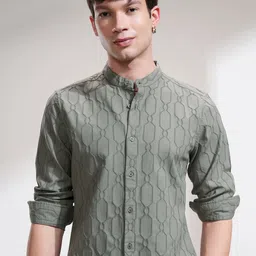 HIGHLANDER Men Band Collar Textured Cotton Casual Shirt-picture-23