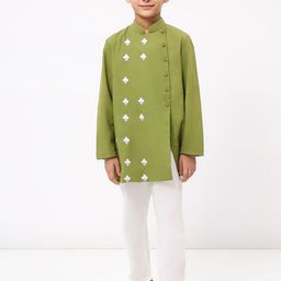 SPUNKIES Boys Olive Green Embroidered Thread Work Cotton Linen Asymmetrical Kurta Set-image-62