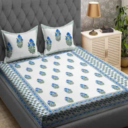 Myntra Elegant Homes White And Blue Printed Cotton 400TC King Bedsheet Set 2.69 m X 2.69 m-13
