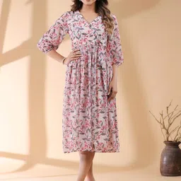 Janasya Floral Printed Wrap Ethnic Dress-image-79